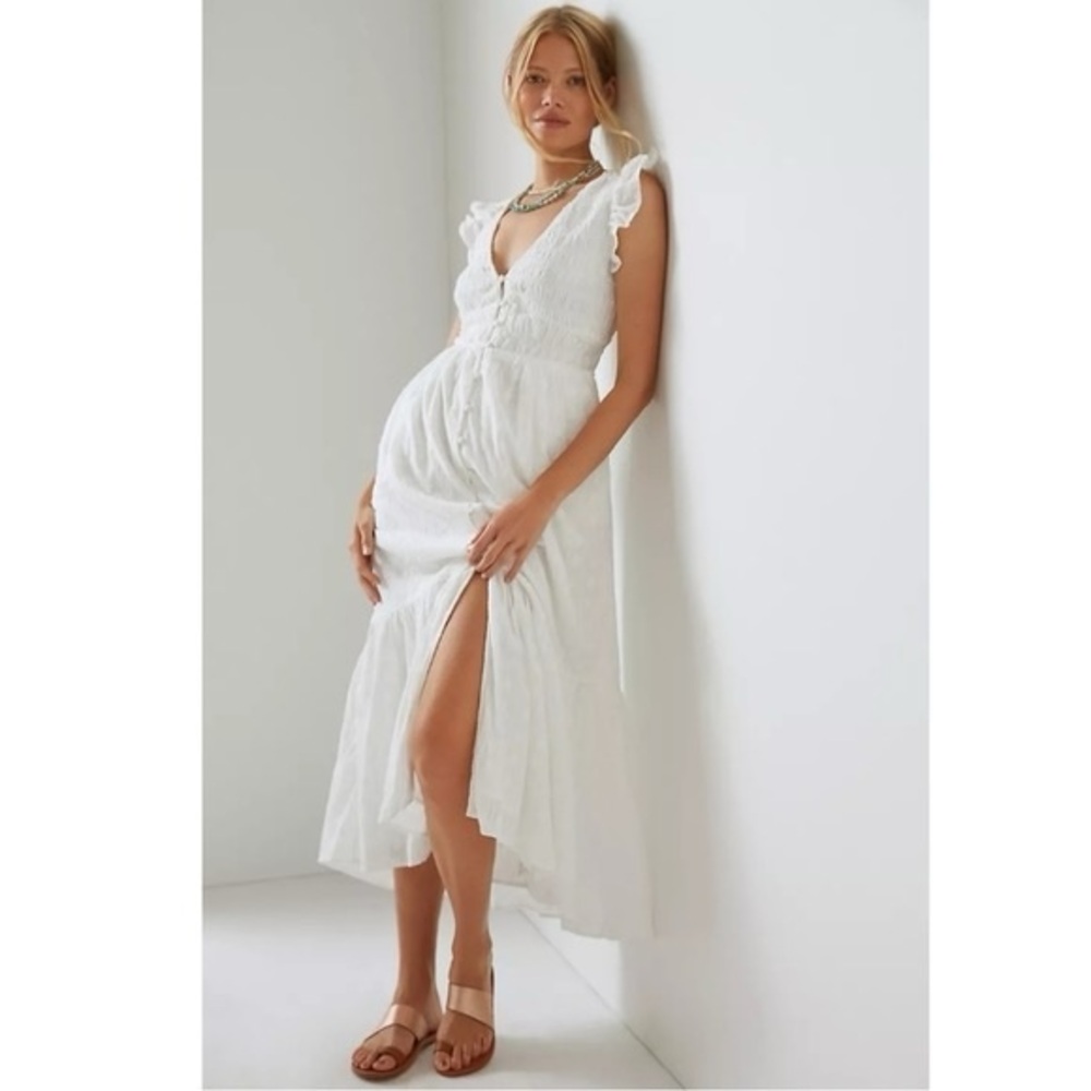 Anthropologie Peregrine Midi Dress White smocked ruffle tiered button front XXS